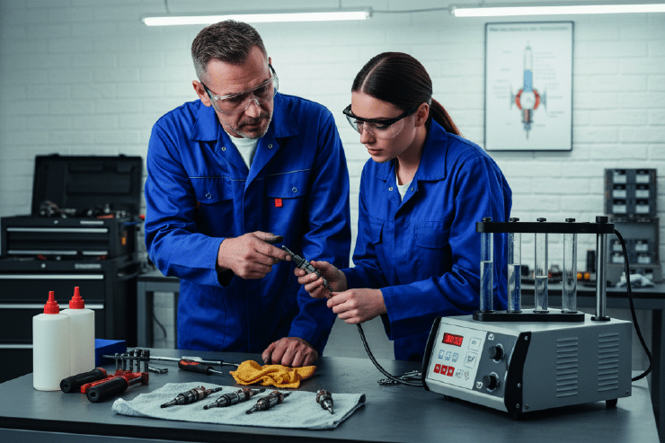 Técnico realizando limpieza de inyectores con equipo especializado durante curso automotriz en Valencia