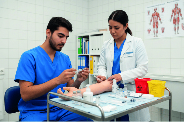 Alumno aprendiendo técnicas de inyección intramuscular y subcutánea en curso de inyectología en Valencia