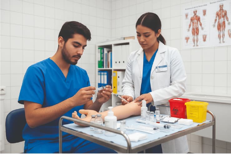 Alumno aprendiendo técnicas de inyección intramuscular y subcutánea en curso de inyectología en Valencia