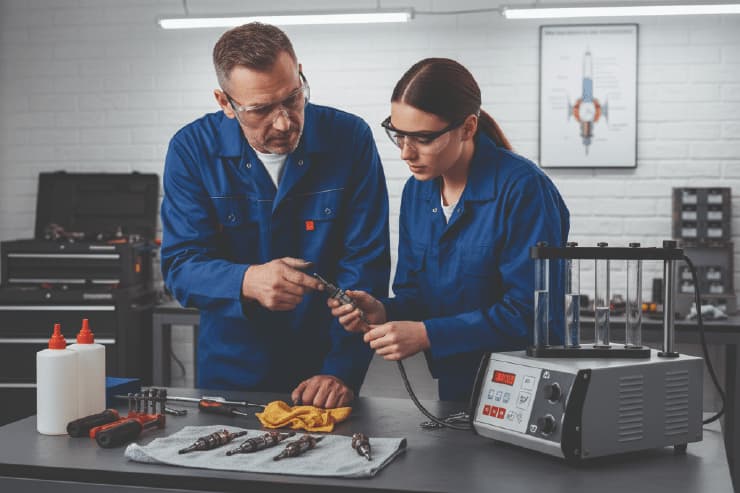 Técnico realizando limpieza de inyectores con equipo especializado durante curso automotriz en Valencia
